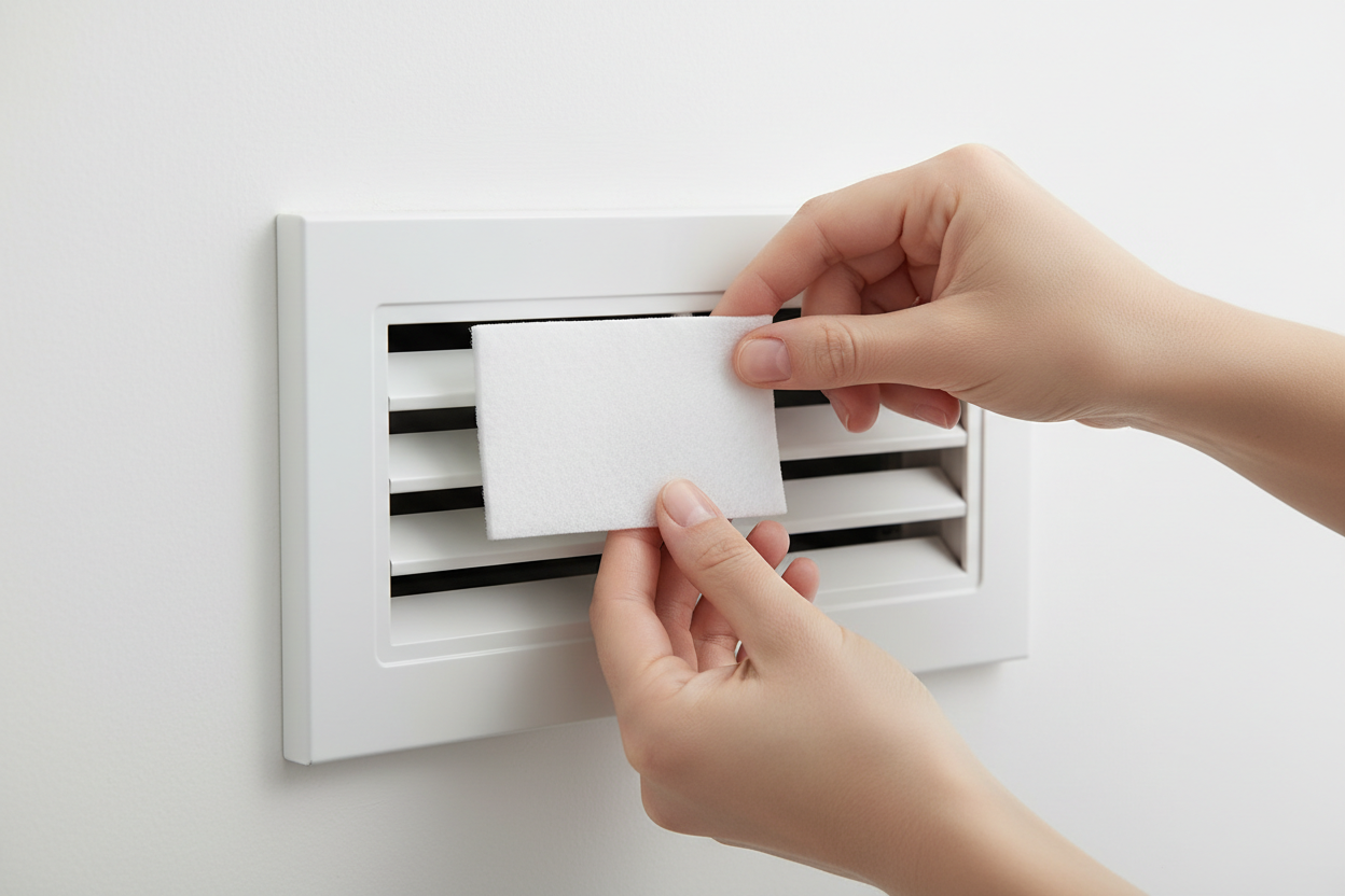The Vent Attachment:
"Close-up of hands attaching a small white filter pad to an air vent register, clean modern wall, simple and bright product photography style"